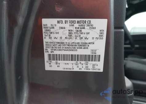 2010 Ford Escape Xlt из США, поврежденный, VIN 1FMCU9D75AKD09333